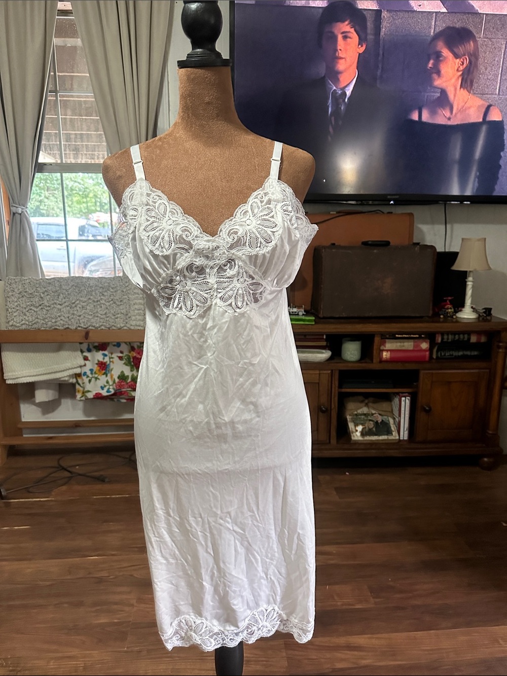 Vintage Shadowline White Full Slip Size 38 USA Made Lace Trim Antron Nylon